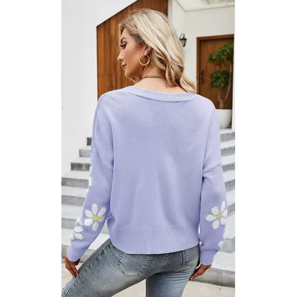 chouyatou Womens Fall Cute Daisy Button Jacquard Knit Cardigan Sweater JacketLight Purple