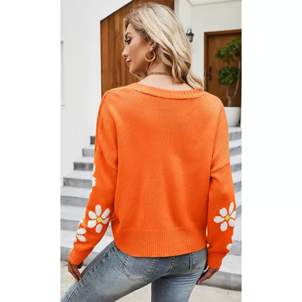 chouyatou Womens Fall Cute Daisy Button Jacquard Knit Cardigan Sweater JacketOrange