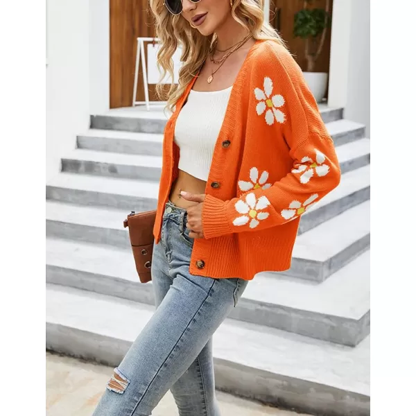 chouyatou Womens Fall Cute Daisy Button Jacquard Knit Cardigan Sweater JacketOrange