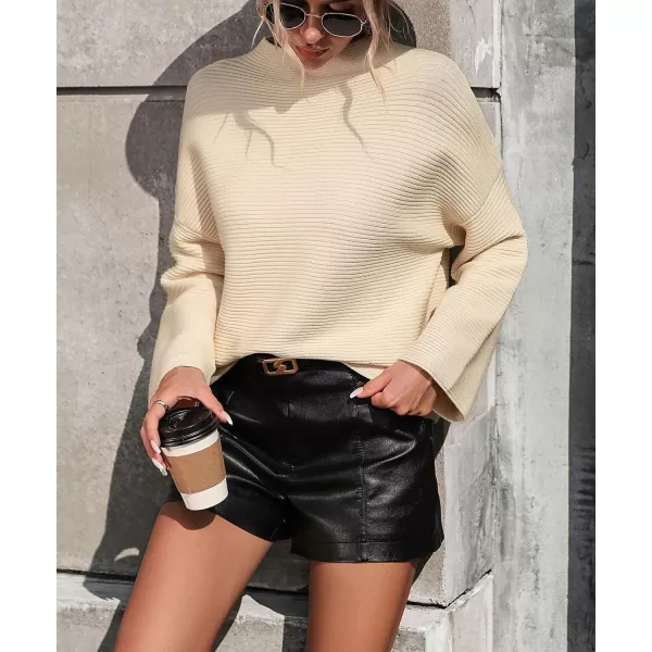 chouyatou Womens Fall Mock Neck Pullover Sweater Elegant Ribbed Knit Dressy Casual Sweater TopBeige