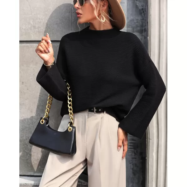 chouyatou Womens Fall Mock Neck Pullover Sweater Elegant Ribbed Knit Dressy Casual Sweater TopBlack
