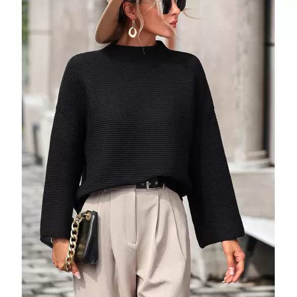 chouyatou Womens Fall Mock Neck Pullover Sweater Elegant Ribbed Knit Dressy Casual Sweater TopBlack