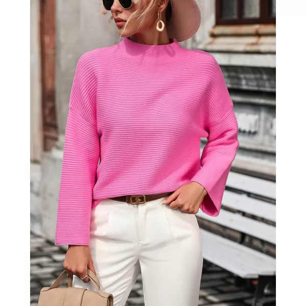 chouyatou Womens Fall Mock Neck Pullover Sweater Elegant Ribbed Knit Dressy Casual Sweater TopHot Pink