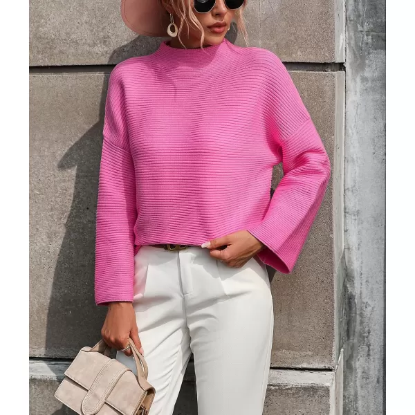 chouyatou Womens Fall Mock Neck Pullover Sweater Elegant Ribbed Knit Dressy Casual Sweater TopHot Pink