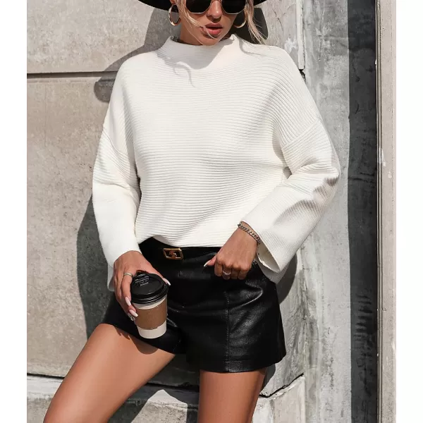 chouyatou Womens Fall Mock Neck Pullover Sweater Elegant Ribbed Knit Dressy Casual Sweater TopWhite