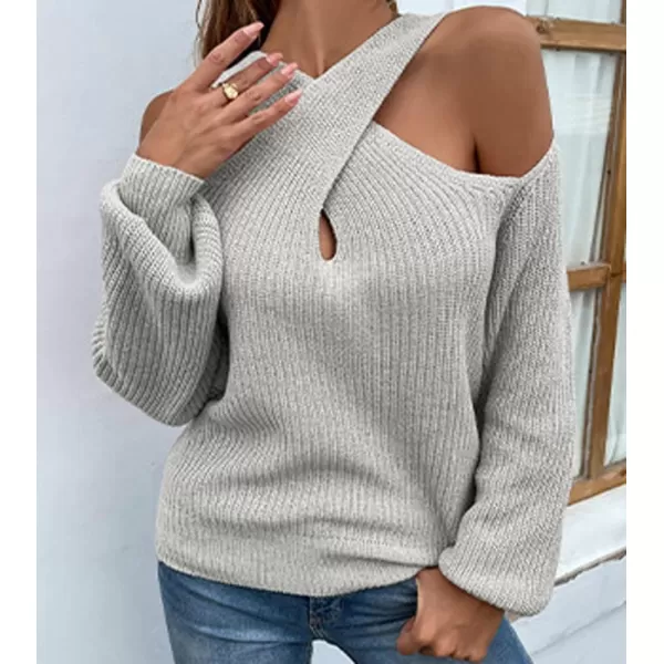 chouyatou Womens Fall Sexy Criss Cross Halter Neck Cold Shoulder Tops Cutout Knit SweaterGrey