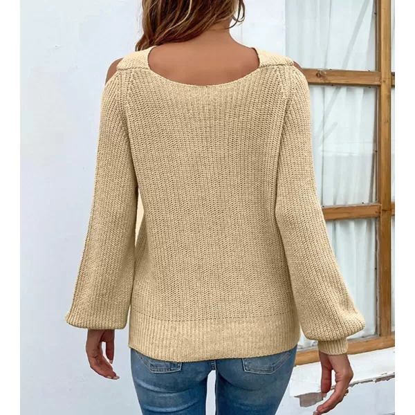 chouyatou Womens Fall Sexy Criss Cross Halter Neck Cold Shoulder Tops Cutout Knit SweaterKhaki