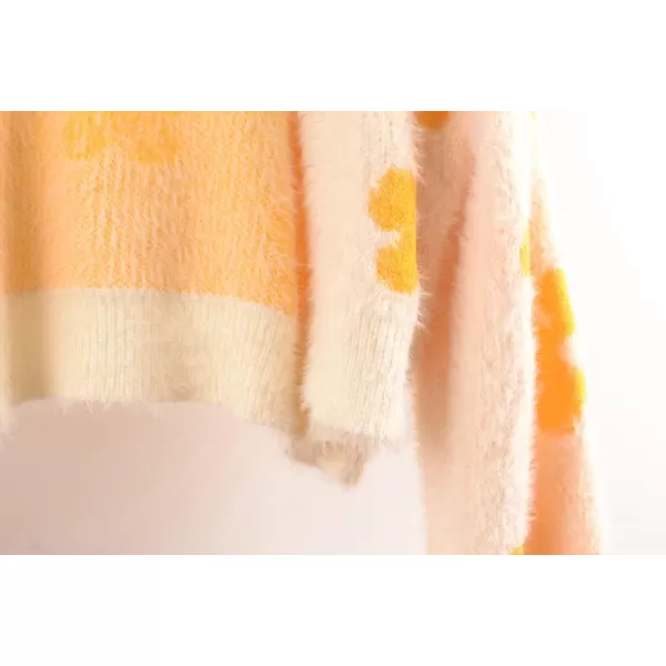 chouyatou Womens Fuzzy Daisy Printed Cropped Cardigan Open Front Jacquard Knit Sweater TopsBeige