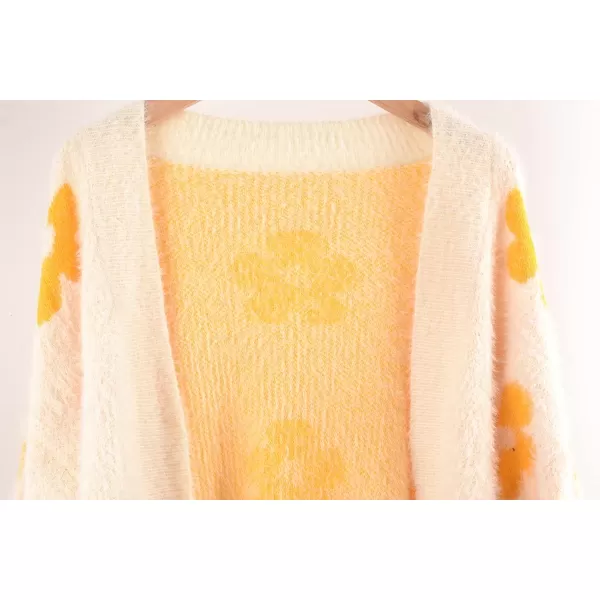 chouyatou Womens Fuzzy Daisy Printed Cropped Cardigan Open Front Jacquard Knit Sweater TopsBeige