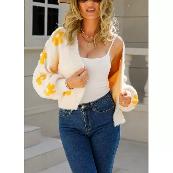 chouyatou Womens Fuzzy Daisy Printed Cropped Cardigan Open Front Jacquard Knit Sweater TopsBeige