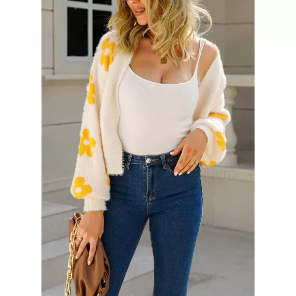 chouyatou Womens Fuzzy Daisy Printed Cropped Cardigan Open Front Jacquard Knit Sweater TopsBeige