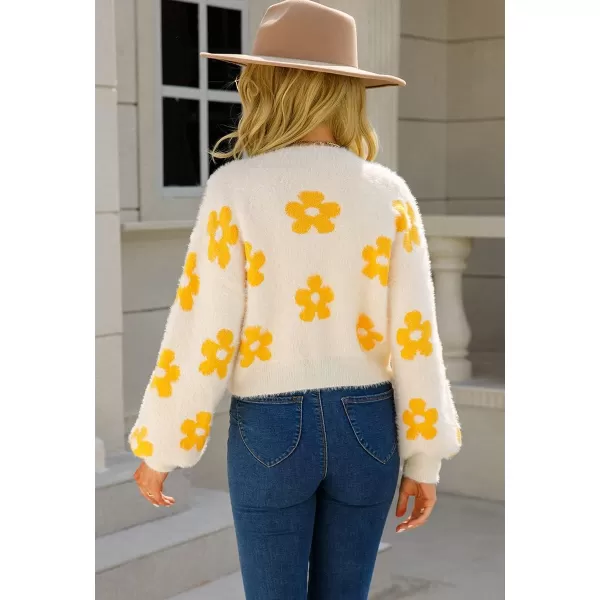chouyatou Womens Fuzzy Daisy Printed Cropped Cardigan Open Front Jacquard Knit Sweater TopsBeige