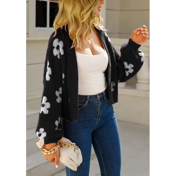 chouyatou Womens Fuzzy Daisy Printed Cropped Cardigan Open Front Jacquard Knit Sweater TopsBlack