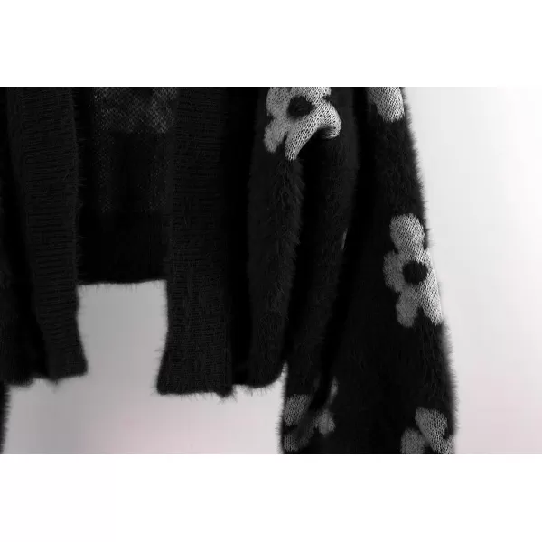 chouyatou Womens Fuzzy Daisy Printed Cropped Cardigan Open Front Jacquard Knit Sweater TopsBlack