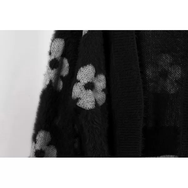 chouyatou Womens Fuzzy Daisy Printed Cropped Cardigan Open Front Jacquard Knit Sweater TopsBlack