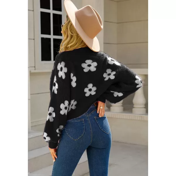 chouyatou Womens Fuzzy Daisy Printed Cropped Cardigan Open Front Jacquard Knit Sweater TopsBlack