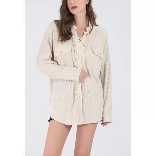 chouyatou Womens Loose Fit Batwing Sleeve Waffle Knit Button Down Shirt Shacket TopsApricot