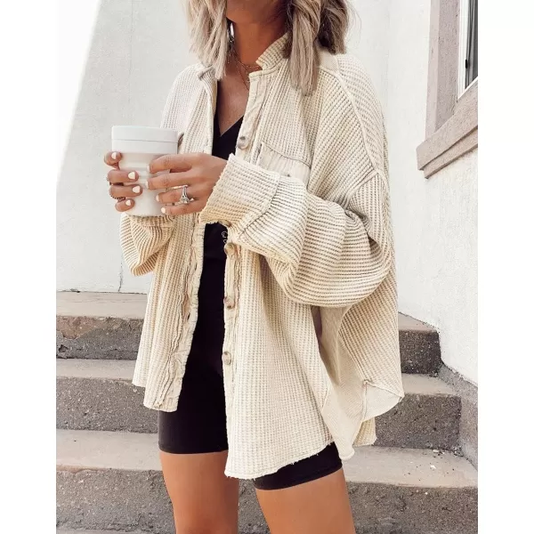 chouyatou Womens Loose Fit Batwing Sleeve Waffle Knit Button Down Shirt Shacket TopsApricot
