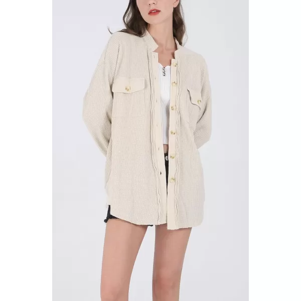 chouyatou Womens Loose Fit Batwing Sleeve Waffle Knit Button Down Shirt Shacket TopsApricot