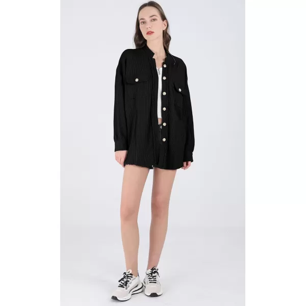 chouyatou Womens Loose Fit Batwing Sleeve Waffle Knit Button Down Shirt Shacket TopsBlack