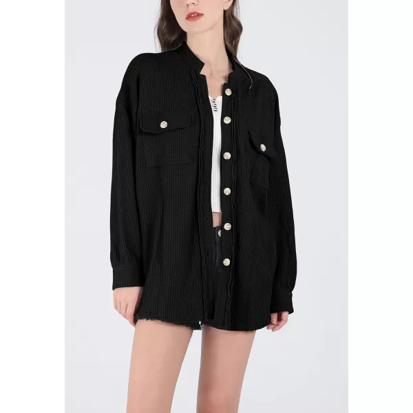 chouyatou Womens Loose Fit Batwing Sleeve Waffle Knit Button Down Shirt Shacket TopsBlack