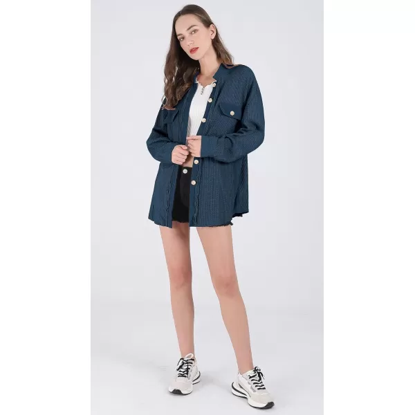 chouyatou Womens Loose Fit Batwing Sleeve Waffle Knit Button Down Shirt Shacket TopsBlue
