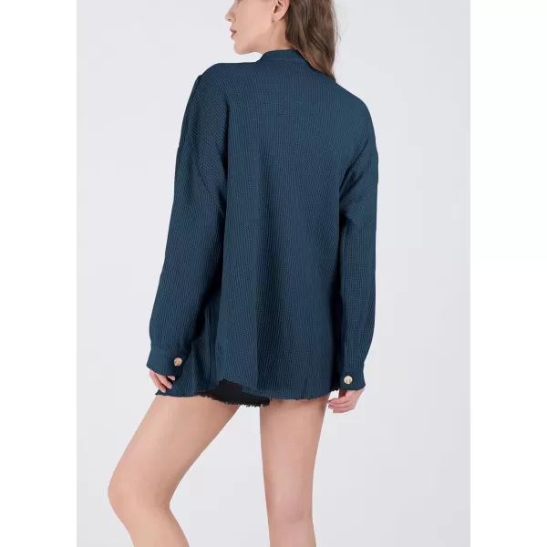 chouyatou Womens Loose Fit Batwing Sleeve Waffle Knit Button Down Shirt Shacket TopsBlue