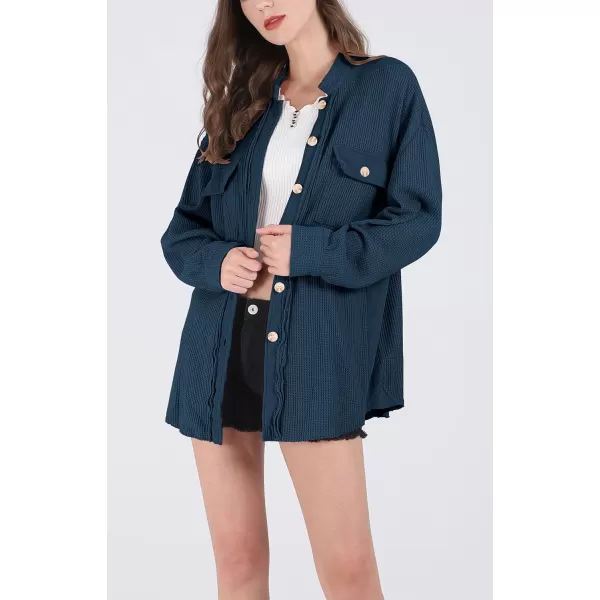 chouyatou Womens Loose Fit Batwing Sleeve Waffle Knit Button Down Shirt Shacket TopsBlue