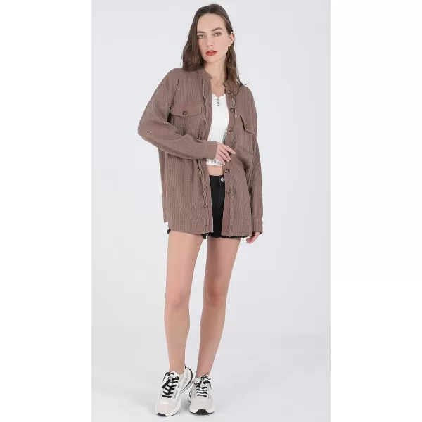 chouyatou Womens Loose Fit Batwing Sleeve Waffle Knit Button Down Shirt Shacket TopsBrown