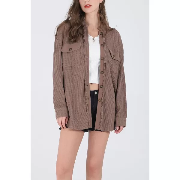 chouyatou Womens Loose Fit Batwing Sleeve Waffle Knit Button Down Shirt Shacket TopsBrown
