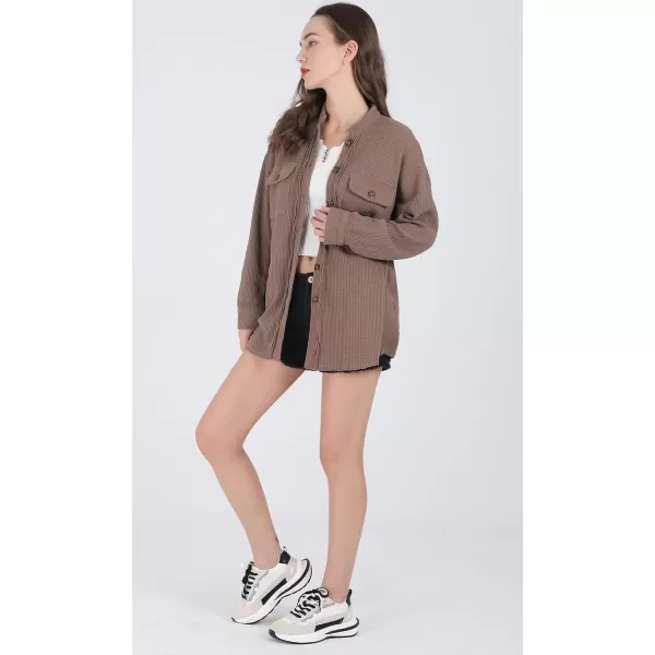 chouyatou Womens Loose Fit Batwing Sleeve Waffle Knit Button Down Shirt Shacket TopsBrown