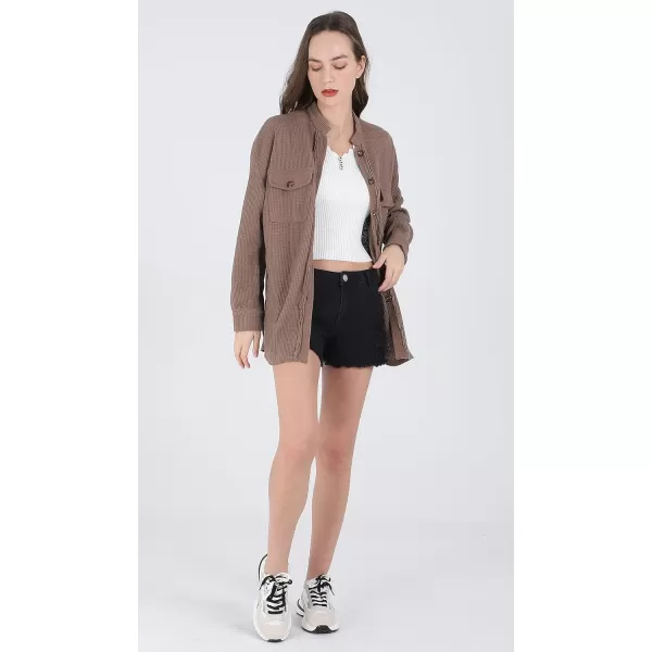chouyatou Womens Loose Fit Batwing Sleeve Waffle Knit Button Down Shirt Shacket TopsBrown