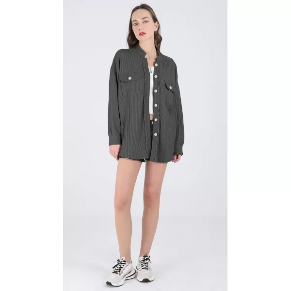 chouyatou Womens Loose Fit Batwing Sleeve Waffle Knit Button Down Shirt Shacket TopsDark Grey