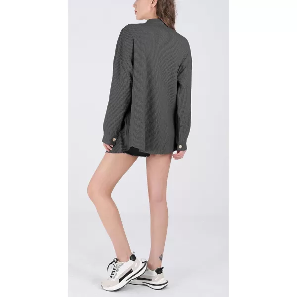 chouyatou Womens Loose Fit Batwing Sleeve Waffle Knit Button Down Shirt Shacket TopsDark Grey