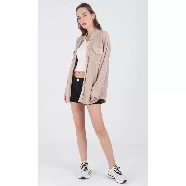 chouyatou Womens Loose Fit Batwing Sleeve Waffle Knit Button Down Shirt Shacket TopsKhaki