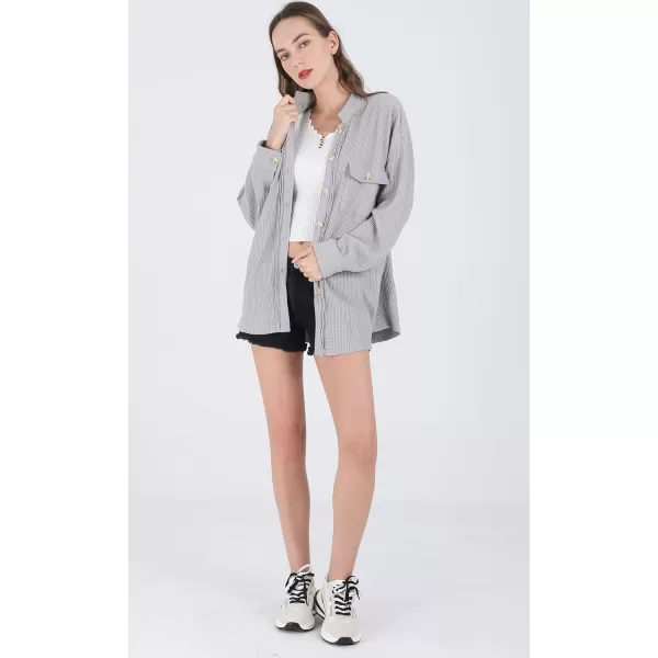 chouyatou Womens Loose Fit Batwing Sleeve Waffle Knit Button Down Shirt Shacket TopsLight Grey