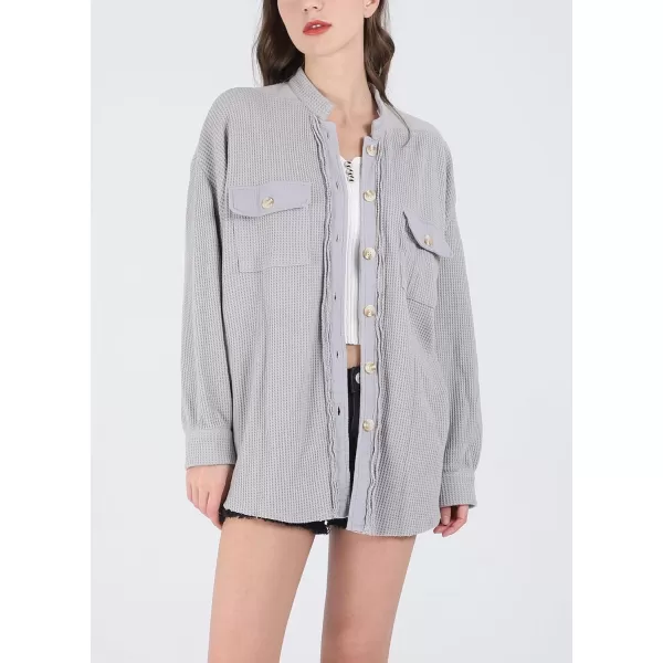 chouyatou Womens Loose Fit Batwing Sleeve Waffle Knit Button Down Shirt Shacket TopsLight Grey