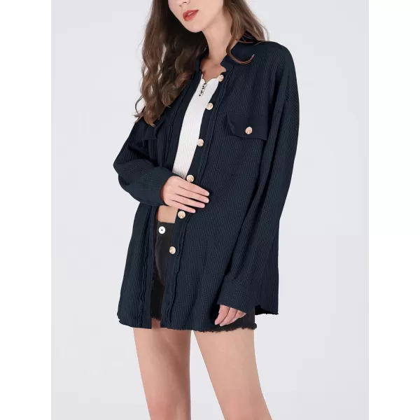 chouyatou Womens Loose Fit Batwing Sleeve Waffle Knit Button Down Shirt Shacket TopsNavy Blue