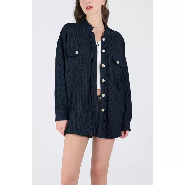 chouyatou Womens Loose Fit Batwing Sleeve Waffle Knit Button Down Shirt Shacket TopsNavy Blue