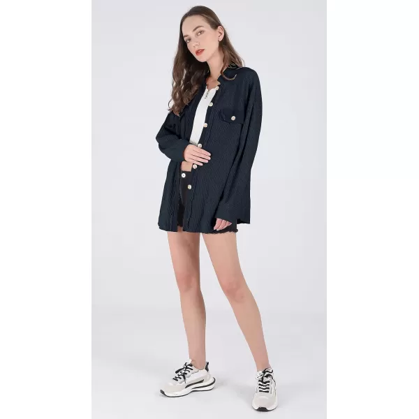 chouyatou Womens Loose Fit Batwing Sleeve Waffle Knit Button Down Shirt Shacket TopsNavy Blue