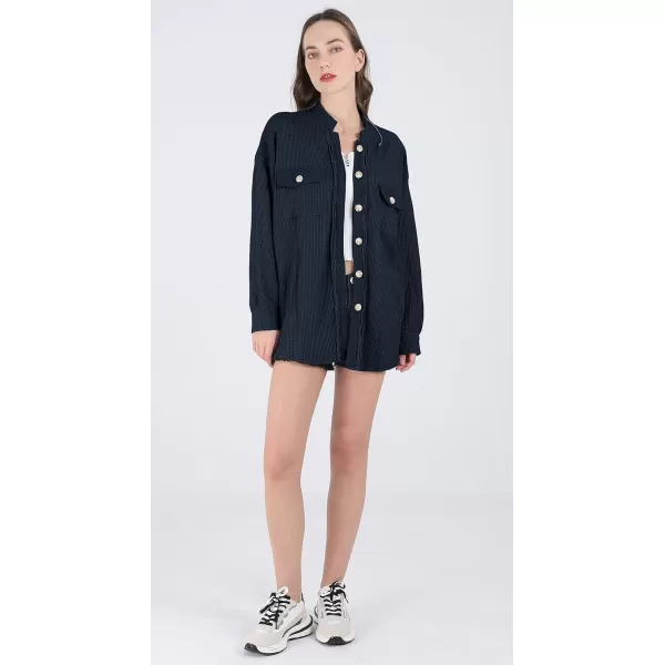 chouyatou Womens Loose Fit Batwing Sleeve Waffle Knit Button Down Shirt Shacket TopsNavy Blue