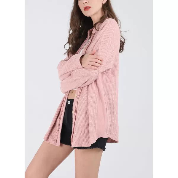 chouyatou Womens Loose Fit Batwing Sleeve Waffle Knit Button Down Shirt Shacket TopsPink