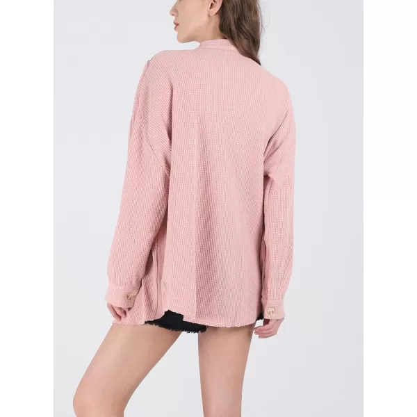 chouyatou Womens Loose Fit Batwing Sleeve Waffle Knit Button Down Shirt Shacket TopsPink