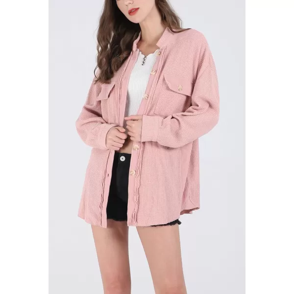 chouyatou Womens Loose Fit Batwing Sleeve Waffle Knit Button Down Shirt Shacket TopsPink