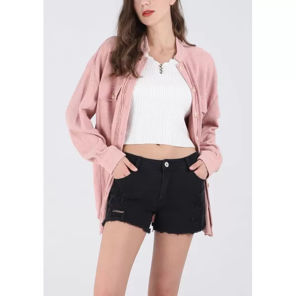chouyatou Womens Loose Fit Batwing Sleeve Waffle Knit Button Down Shirt Shacket TopsPink