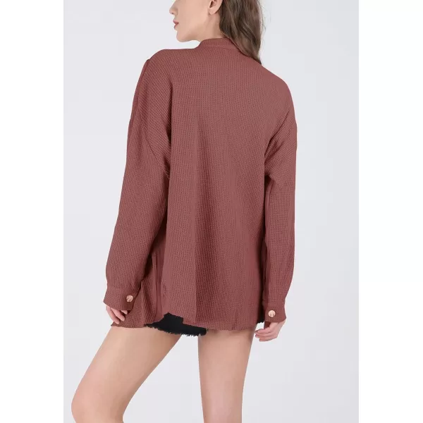 chouyatou Womens Loose Fit Batwing Sleeve Waffle Knit Button Down Shirt Shacket TopsRusty Red