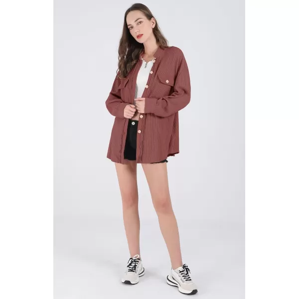 chouyatou Womens Loose Fit Batwing Sleeve Waffle Knit Button Down Shirt Shacket TopsRusty Red