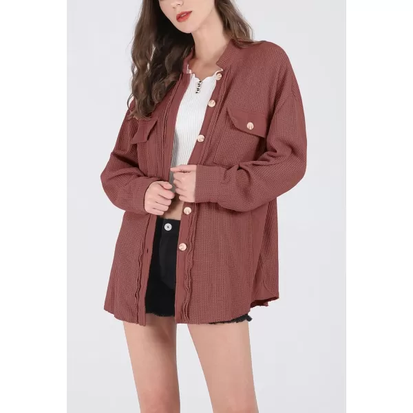 chouyatou Womens Loose Fit Batwing Sleeve Waffle Knit Button Down Shirt Shacket TopsRusty Red