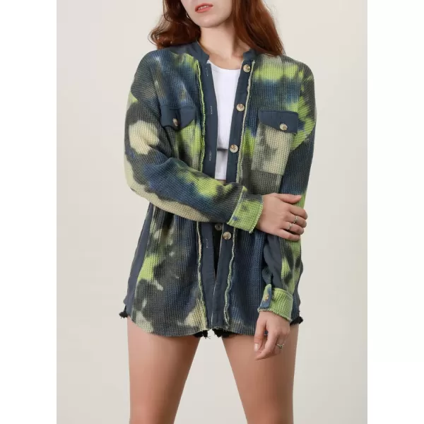 chouyatou Womens Loose Fit Batwing Sleeve Waffle Knit Button Down Shirt Shacket TopsTiedye Green
