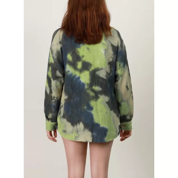 chouyatou Womens Loose Fit Batwing Sleeve Waffle Knit Button Down Shirt Shacket TopsTiedye Green